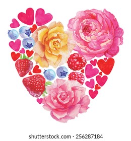 Postcard with hearts and flowers on Valentine's day. Hand drawing. Watercolor.