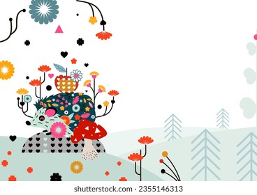 Postcard hedgehog in the forest. Background for children, for invitations. Vector illustration