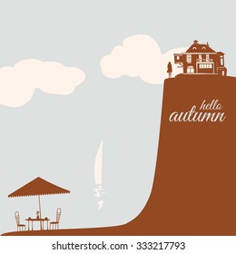 Postcard hello autumn, cafe, house, autumn leaves, vector, banner, illustration