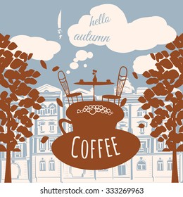 Postcard hello autumn, cafe, house, autumn leaves, vector, banner, illustration