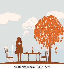 Postcard hello autumn, girl, autumn tree, the sea, sailing, autumn leaves, vector, banner, illustration