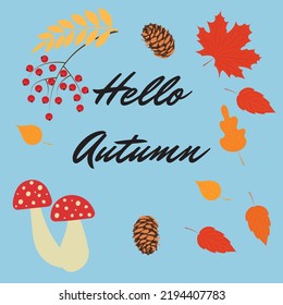 Postcard "Hello Autumn". Autumn stickers set.
High quality vector illustration.