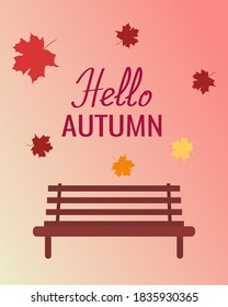 Postcard Hallo Herbst. Vektorgrafik mit Bank und herbstfallenden Ahornblättern