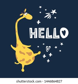 Postcard Hello funny giraffe. Printing of fabric, paper
