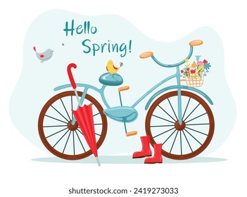 The postcard "Hello, spring". A bicycle with a beautiful bouquet of flowers and green leaves, an umbrella and rubber boots with an inscription. Vector illustration isolated on a white background.