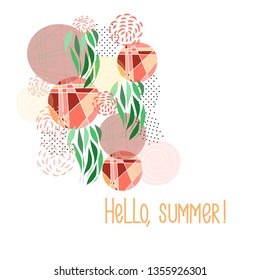 Postcard, hello summer, abstract flowers and circles, hand drawing, summer design, coral, vector illustration