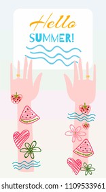 Postcard Hello Summer! Arms, Sunburn, tattoo, fruit, watermelon, strawberry, flowers, ring, heart. Colorful hand drawn vector stock illustration.