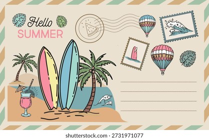 Postcard Hello summer, surf, wave, card, mail, hand drawn illustrations.