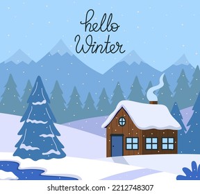 Postcard Hello Winter With Cabin And Landscape For Greeting Vector Illustration In Flat Style