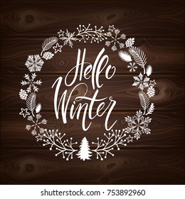 Postcard Hello Winter wiht cute elements. Isolated vector illustration on white background.