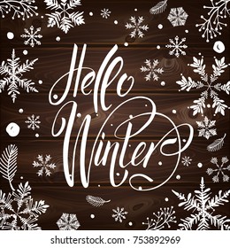 Postcard Hello Winter wiht cute elements. Isolated vector illustration on white background.