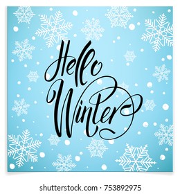 Postcard Hello Winter wiht cute elements. Isolated vector illustration on white background.
