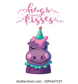 postcard hippo smiling in a cap day birthday hugs and kisses. vector