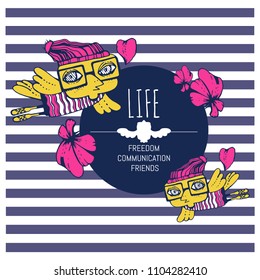 Postcard Hipster Bear, bird, flowers, leaves and inscription LIFE, FREEDOM, COMMUNICATION, FRIENDS. Colorful hand drawn vector stock illustration. 