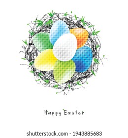 Postkarte für den Urlaub Frohe Ostern, ein Nest von Zweigen mit bunten Eiern, Ostereier im Nest