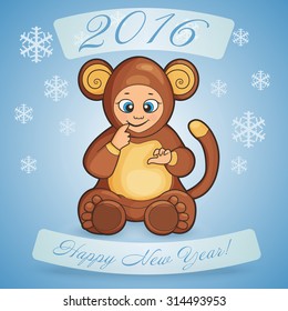 Postcard for Holiday Happy New Year with cartoon of a cute baby dressed like monkey