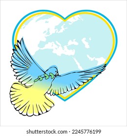 Postcard for the holiday of Independence Day of Ukraine. World day of peace, with a linear image of a dove, the flag of ukraine from ribbons, a heart and a globe