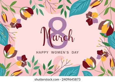 Postal para las vacaciones del 8 de marzo en un marco de flores. Vector.