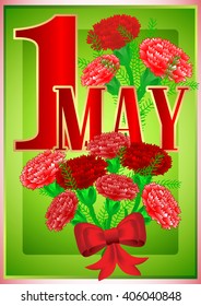 Postcard for holiday of Spring and Labor. Mayday. May 1 with bouquets of red carnations on green background. Vector illustration