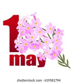 Postcard for holiday of Spring and Labor. Mayday. 1 may in pink flowers . Vector illustration