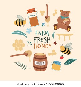 Postcard for honey product , farm fresh honey text. Barrel, jars, spoon, flowers, bear. Hand drawn vector illustration. Isolated on background