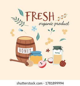Postcard for honey product   fresh organic product text  Barrel  jars  spoon  flowers  apple Useful for design flyers  stickers  banners  backgrounds  Hand drawn vector illustration  
