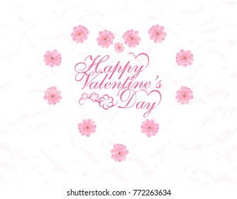 Postcard in honor of Valentine's Day. Congratulatory inscription. Heart of flowers Sakura. Vector illustration