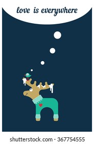 Postcard in honor of Valentine's day. Postcard with cute elk and bird in flat style. Made in vector. Easy recolor.