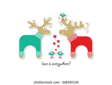 Postcard in honor of Valentine's day. Postcard with cute deer, elk and birds in flat style. Made in vector. Easy recolor.