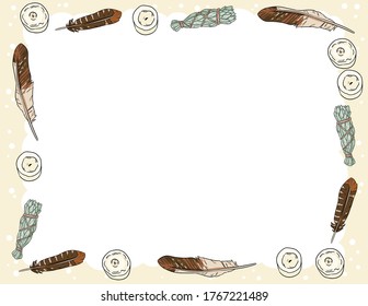 Postcard horizontal template with candles, feathers and sage smudge sticks doodles. Printable stationary mock up witch wiccan witchcraft elements frame composition. Magical clipart banner.