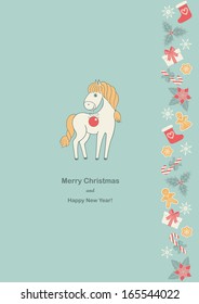 Postcard with a horse and Christmas decorations on blue. Vector background.