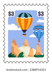 Postcard with hot air balloons flying over Cappadocia landscape. Turkey traditional destination for tourists. Postal mark or card with price, correspondence and mailing sticker. Vector in flat style