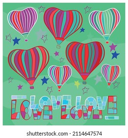 a postcard with hot air balloons in heart shape. aeronautics. Lovely. Mosaic bright peaces. Vector graphics. Blue, pink, yellow, green colors.