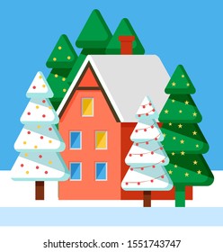 Postcard house construction with fir-trees decorated by garland. Snowfall weather and trees on blue color. Winter holiday card with building symbol and wood with snowflakes, frost outdoor vector