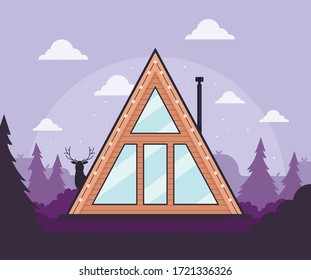 Postcard with a house in the forest. Chimney, deer, spruce. Weekend in the country. Vacation home. Insulation. Poster. Fireflies, seasons, purple, sunset