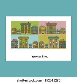 Postcard with houses.Vector.EPS10.Print        