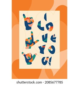 Postcard "I love You!"With language of deaf-mutes hand. American Sign Language. Valentine's day Vector illustration