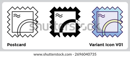Postcard Icon enables users to share travel memories and digital greetings across social platforms. Line, Filled, Color style.