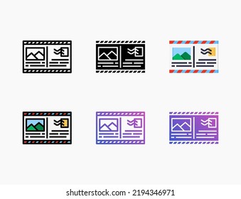Postcard icon set with line, outline, flat, filled, glyph, color, gradient. Editable stroke and pixel perfect. Can be used for digital product, presentation, print design and more.