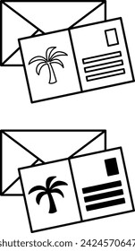 Iconos de postal. Iconos vectoriales en blanco y negro. Postal y sobre. Concepto de Viajes y Vacaciones