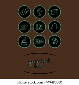 Postcard of the icons on the theme of musical instruments.Bright shapes made doodles flutes, guitars, drums and music.Illustrations of abstract circles.There is a place for your text.For music lovers.