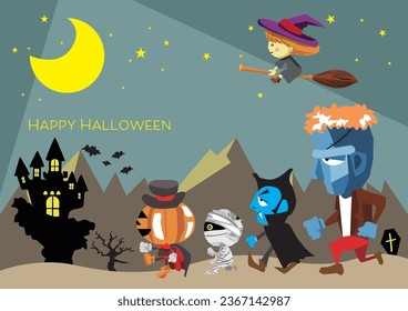 A postcard with an illustration of cute Halloween characters marching