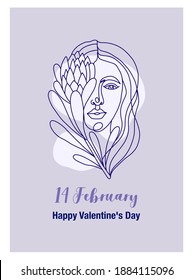 Postcard with illustration girl with protea. Line art illustration on a purple background. Abstract trending postcard for print and gift for valentine s day february 14.