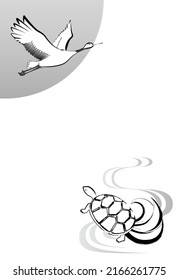 Postcard illustration with ink painting style crane and turtle. Vertical type. Vector illustration.