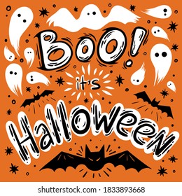 Postcard illustration on Halloween with ghosts and bats