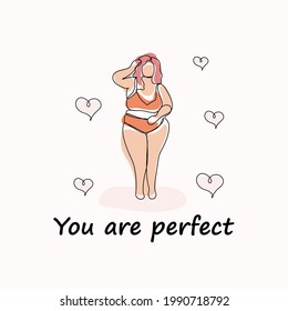 Postcard and illustration with overweight happy girl. Body positive concept. Trendy one line illustration for print, web, article, banner, poster.