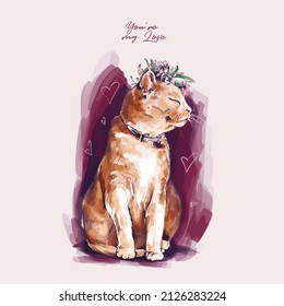 Postcard with illustration of red cat with flowers