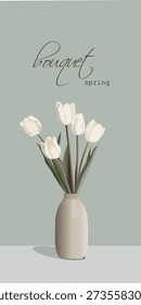 postcard, illustration of spring flowers in a vase