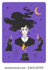 Postcard with an illustration of a Witch. Mystical design. Elements of magic, tarot cards. Halloween Party Theme. Vector illustration.