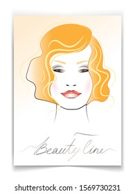 postcard with the image of a beautiful girl with a hairstyle in retro style, for decoration of cosmetic products and more